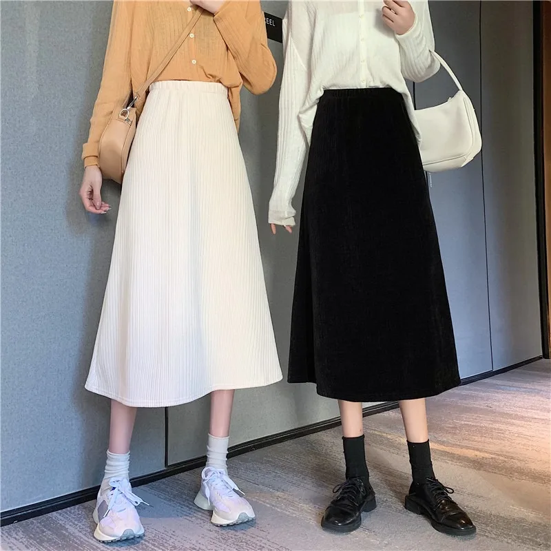 

Corduroy temperament skirt female spring 2021 new mid-length thin a-line high waist skirt