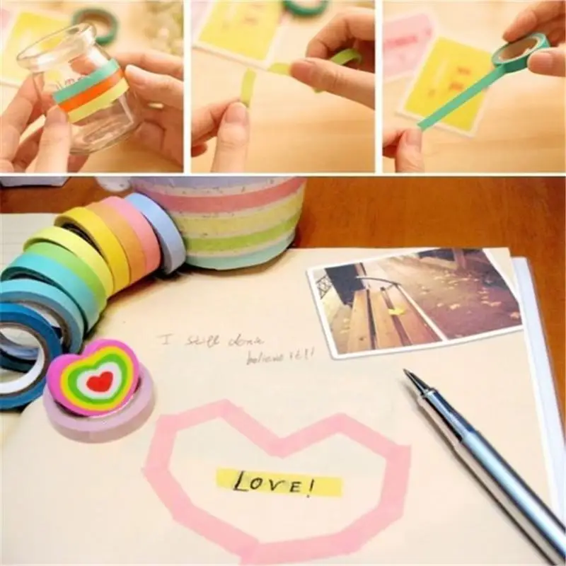 

Adhesives Glue Tape Sticky Paper Decal Washi Adhesive Rainbow Scrapbooking 10x Cute DIY
