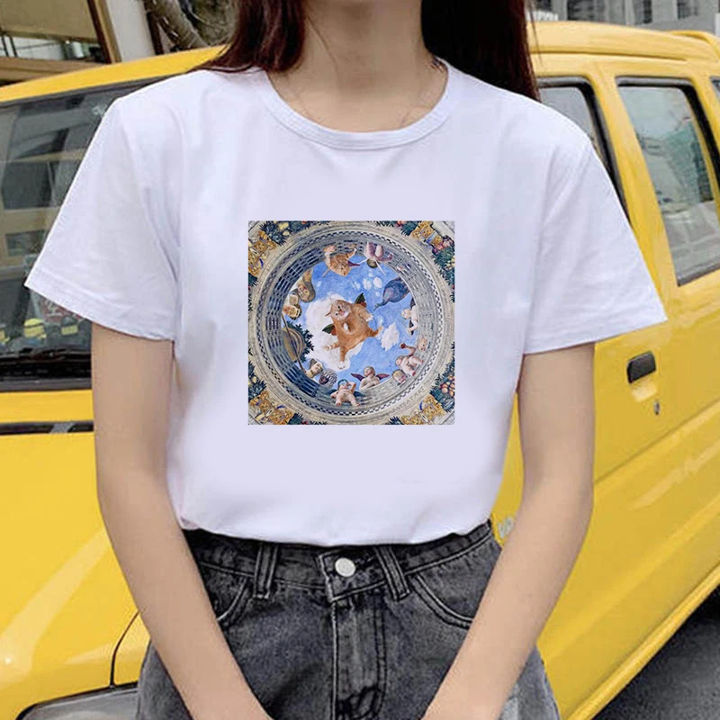 

Women's T-shirt Kawaii cat oil painting print T-shirt short-sleeved ladies white basic O-neck graphic girl T-shirt