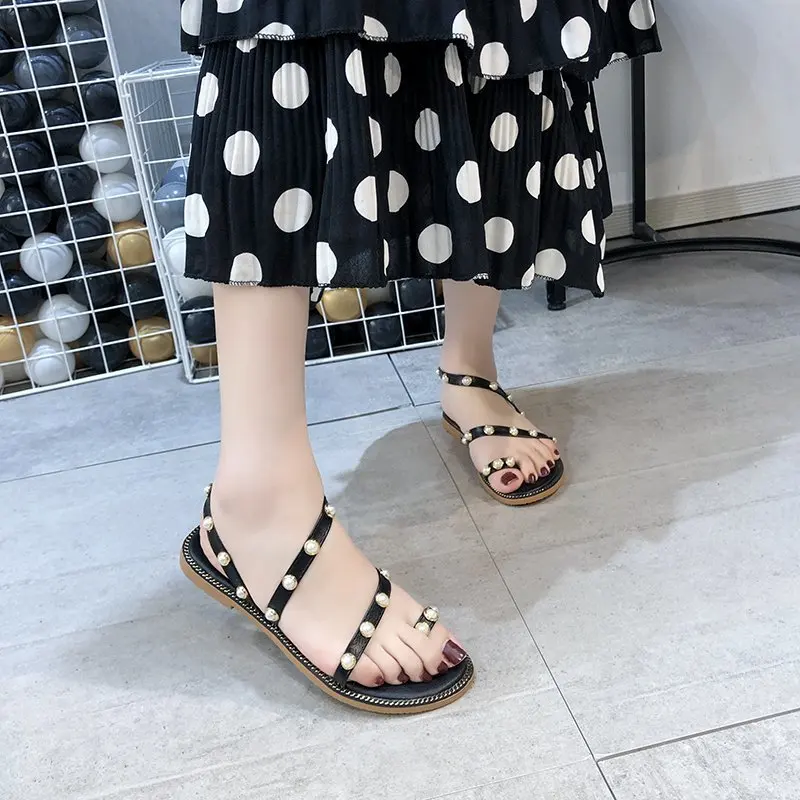 

Fashion Womens Shoes 2021 Flat Sandals Clear Heels All-Match Suit Female Beige Buckle Strap Luxury Without New Studded Black Com
