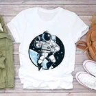 Футболка женская с принтом космических астронавтов и научной фантастики, Белый Топ в стиле Харадзюку, модная Повседневная рубашка с круглым вырезом