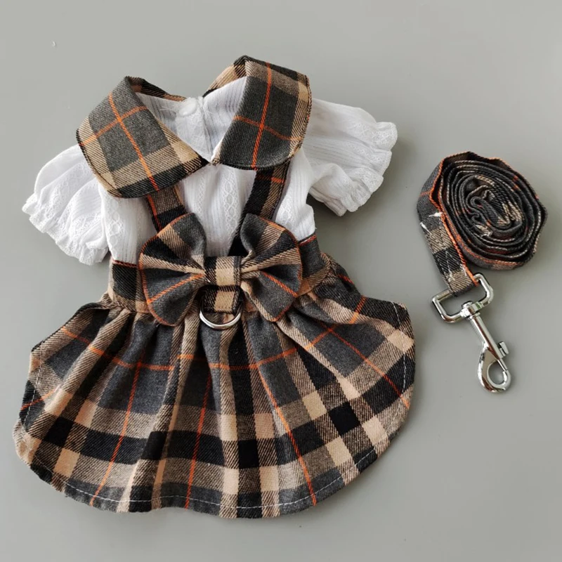 

Sweet Cute Leash Plaid Skirt Princess Style Skirt Pet Plaid Skirt Breast Strap Traction Rope Pet Supplies Delicate Accessories