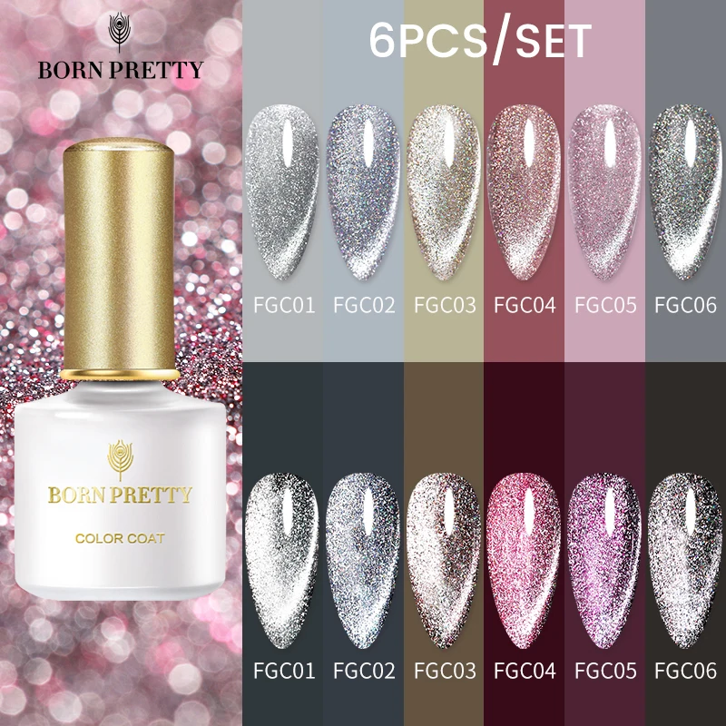

BORN PRETTY Reflective Gel Polish Set Hybrid Varnishes Sparking Holo Glitter Cat Magnetic Gel Nail Polish Soak Off Top Gel