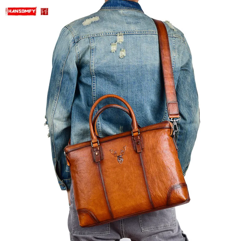 Genuine Leather Men briefcase Handbags large capacity business laptop bag portable shoulder messenger travel bags
