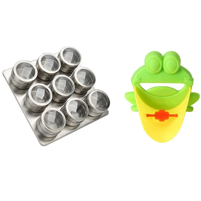 

Cute Faucet Extension Extender Cartoon Frog Design (Green) With 9 Pieces Magnetic Spice Jars Set