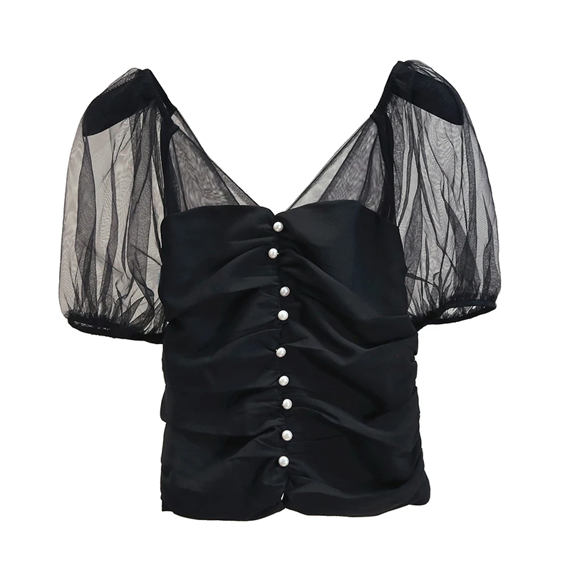 

Short Chiffon Shirt Women's Blouse 2021 New Summer Bead Button Gauze Short Sleeve Chiffon Blouses Top Ladies Slim Black Shirts