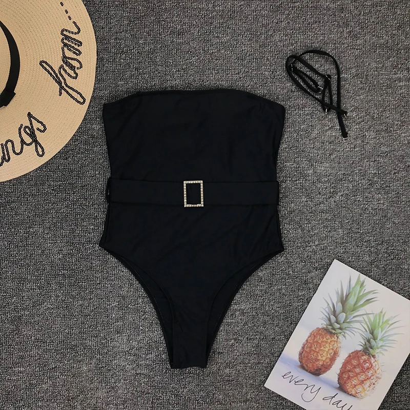 Купальник женский винтажный однотонный черный без бретелек|Комбинезоны| |