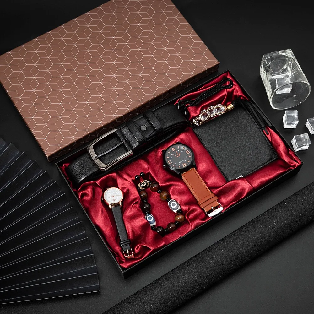 Couple Watches Set Men Women Fashion Quartz Watch Gift for Lover's High Quality Belt Wallet Beaded Bracelet Ladies Sweater Chain