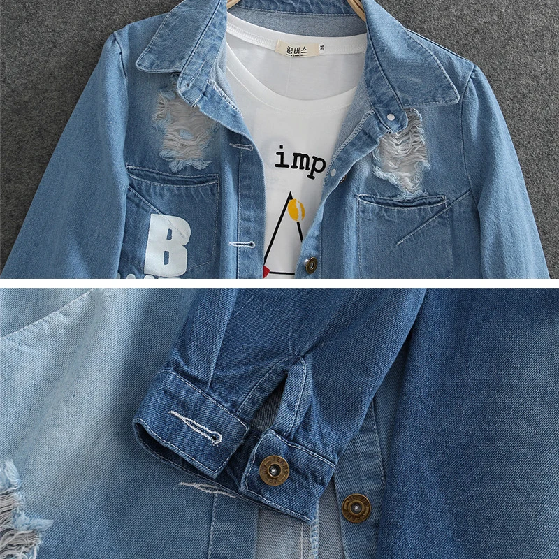

Denim Jackets Women Spring Hole Long Sleeve Casual Femme Elegant Jeans Coat Outerwear Plus Size 7XL 8XL 9XL Chaqueta Mujer