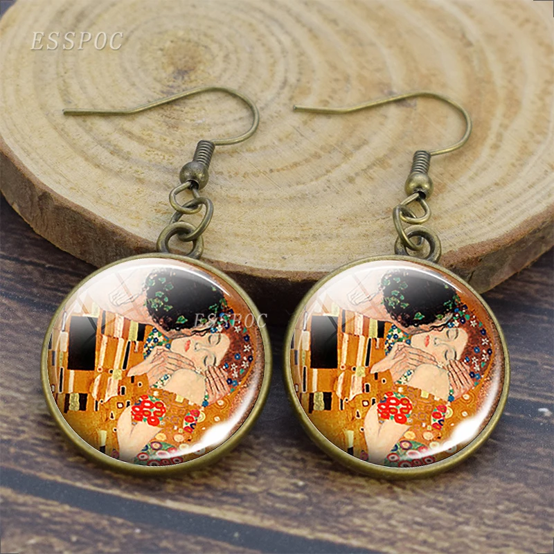 Gustav Климт поцелуй искусство стекло кабошон круг висячие серьги медные ручной
