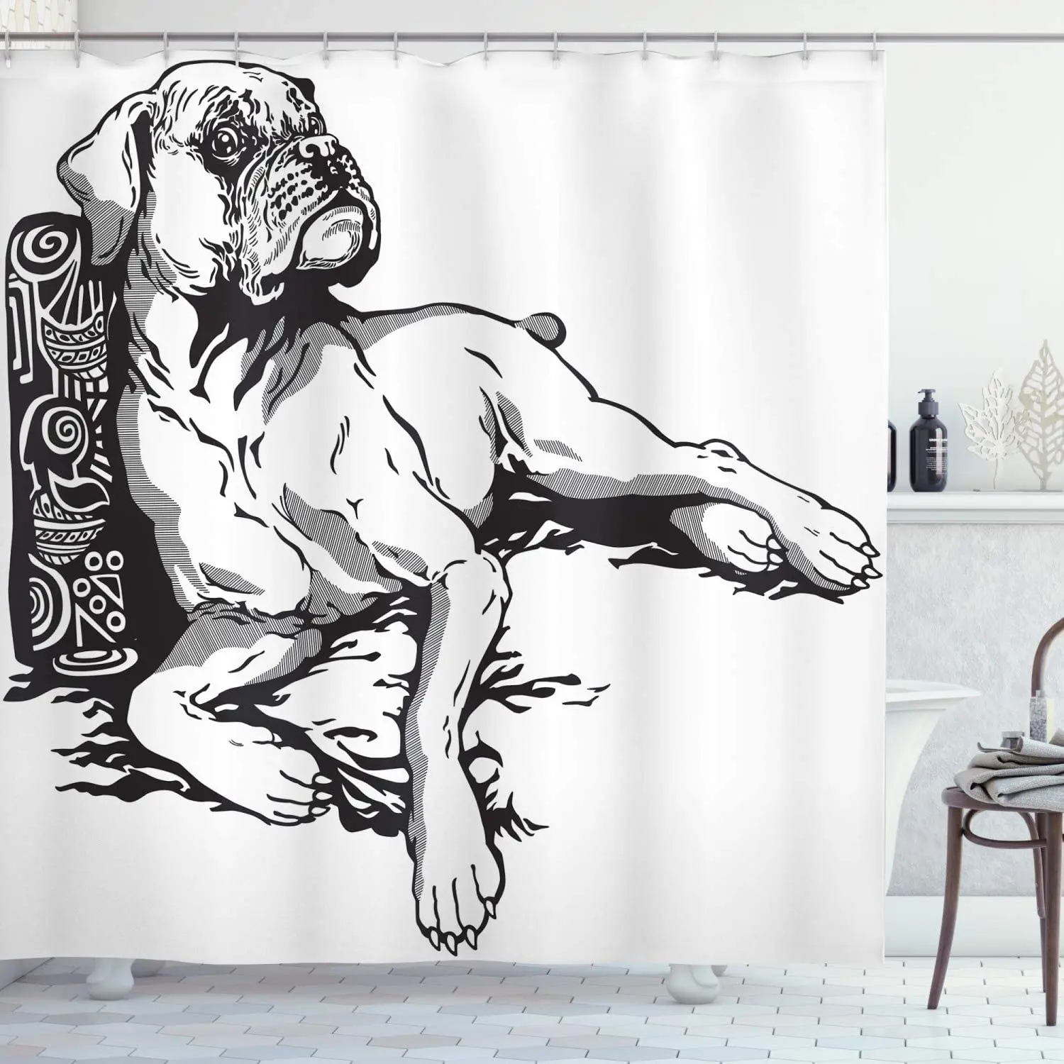 

Boxer Dog Shower Curtain Waterproof Monochrome Illustration of an Animal Detailed Canine Hand Drawn Multi-Size Bath Curtain