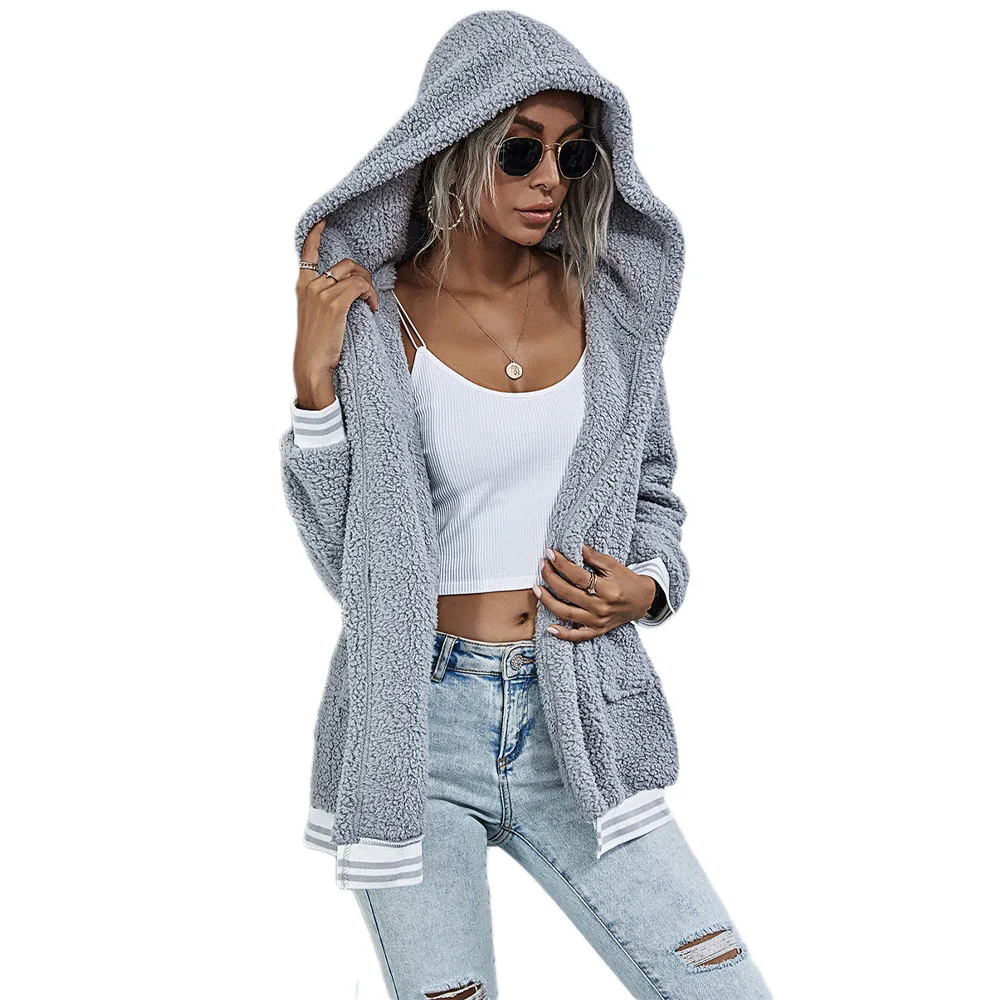 

2021 New Coat Women's Clothing Striped Stitching Long-sleeved Hooded Pocket Plush Jacket Autumn And Winter Lamb Wool Jacket