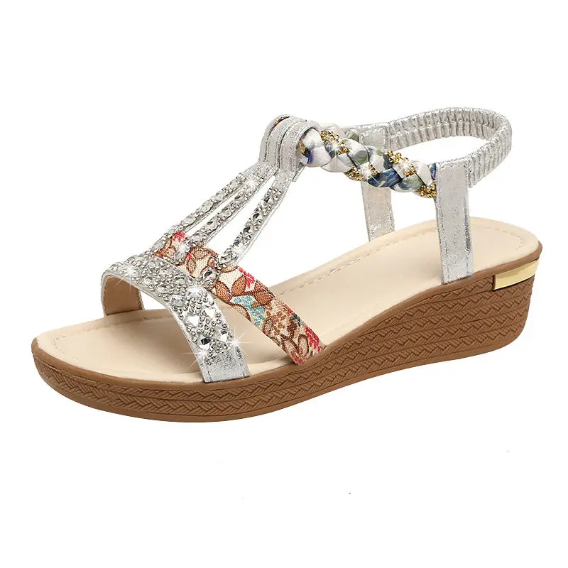

Women New Brand Sandals Outdoor Non-slip 2021 Lady Wedge Slippers Female Girls Cool Garden Shoes Bling Sequins Rhinestone Mules