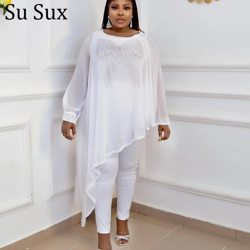 

Casual Chiffon Irregular Sleeve 3 Piece Set Tracksuit Women Plus Size Sets O Neck Shirt Pencil Pant Suits Vestidos 2021 Autumn