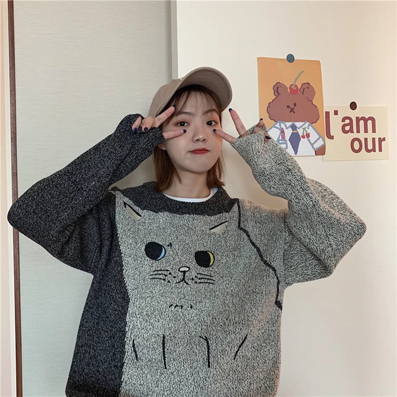 Женские свитера японский Kawaii Ulzzang Свободный Повседневный Ретро свитер с ленивым