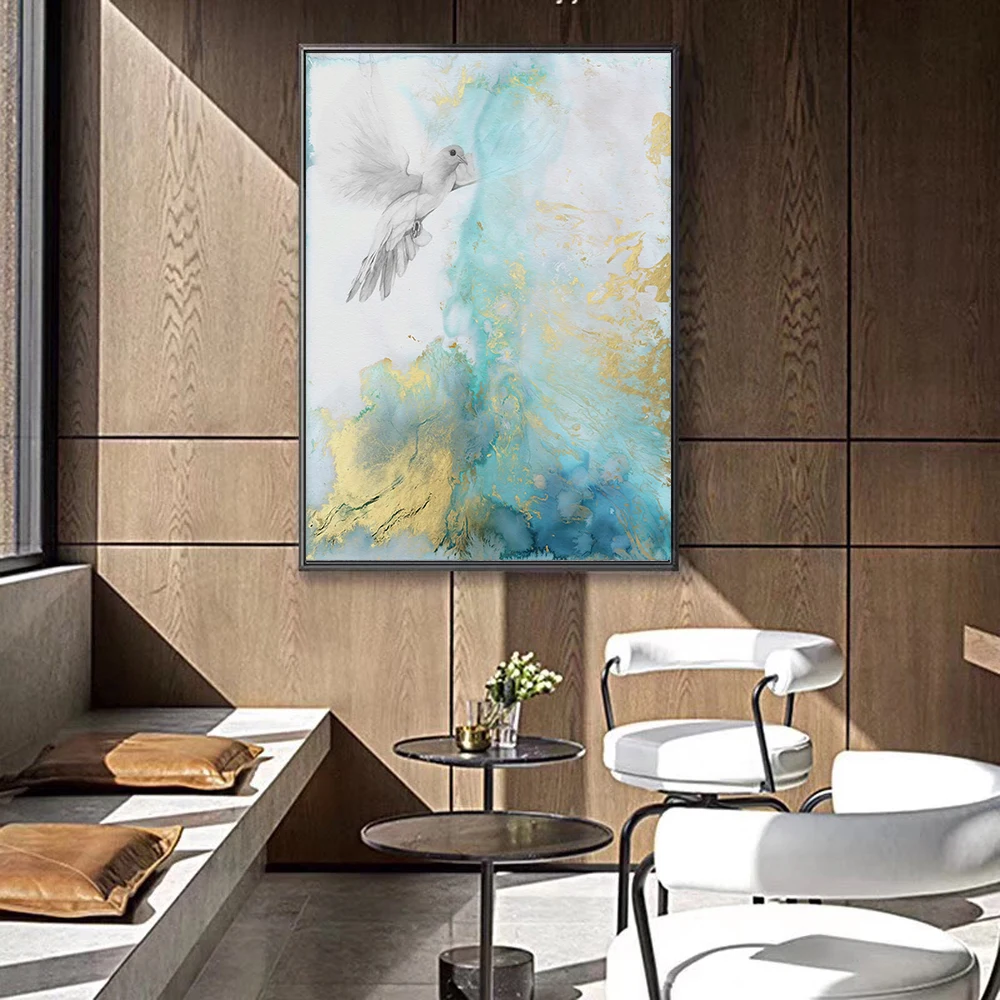 

Abstract Blue Gold Modern Peace Canvas Painting Pictures For Living Room Art Pictures Wall Art Canvas Pigeon Home Decoration