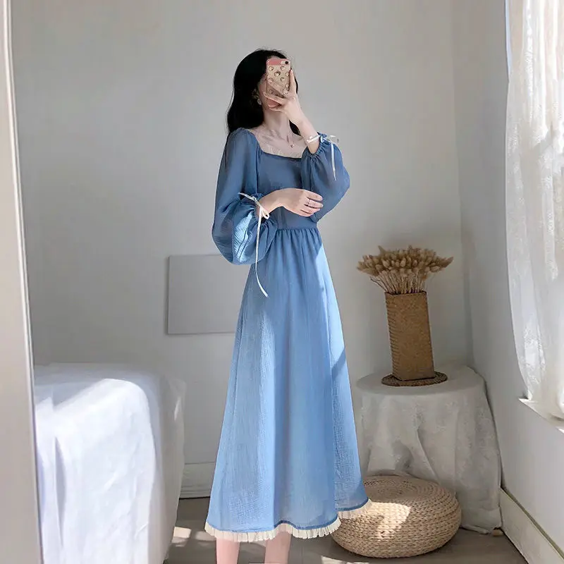 

Vintage French Long Dress Women Solid Blue Square Collar A-Line Dresses Long Sleeve Maxi Dress Lady Robe Vestidos Clothes