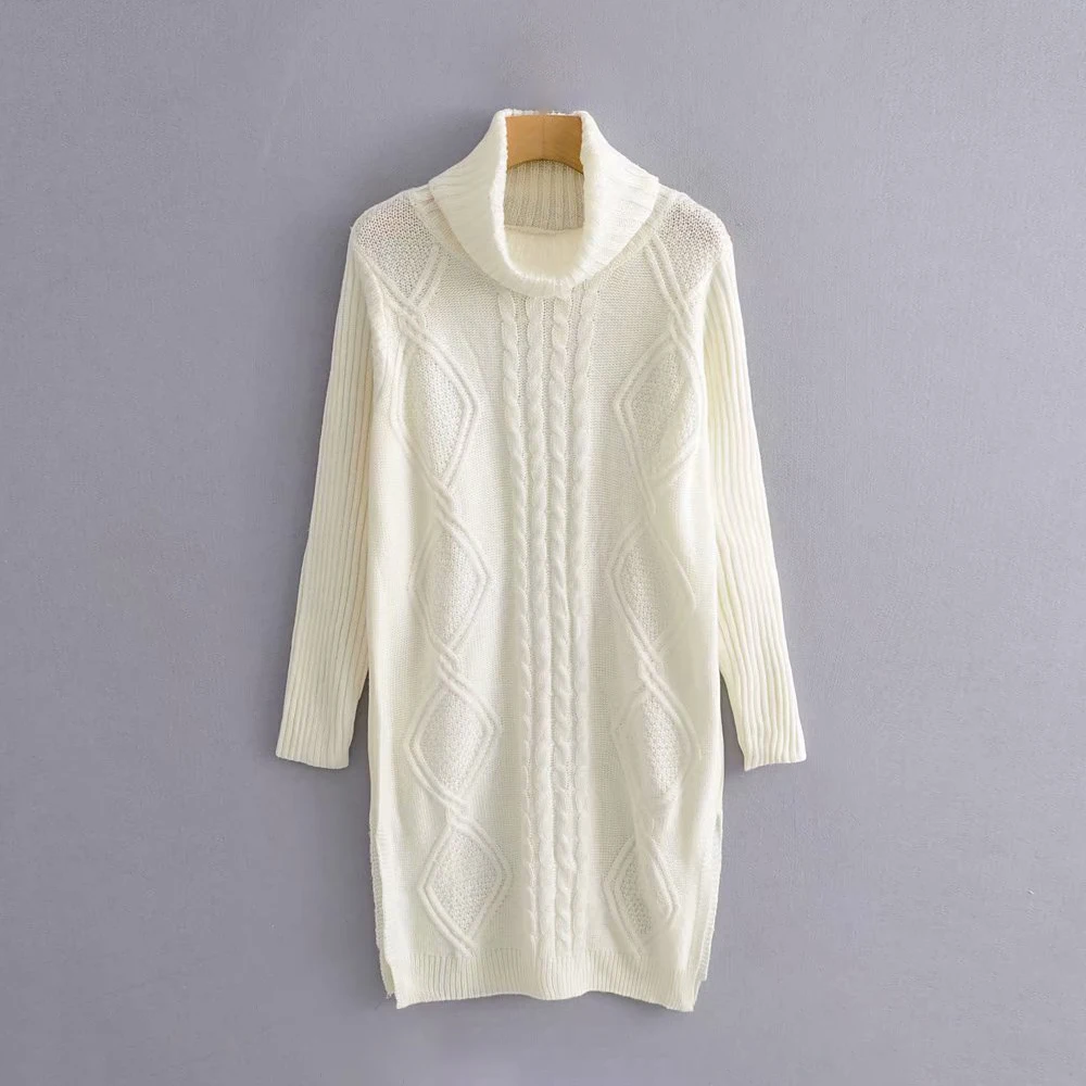 Elegant women sweater dress turtleneck ribbed long knitted autumn fashion lady split geometry knitwear female feminine sweaters | Женская
