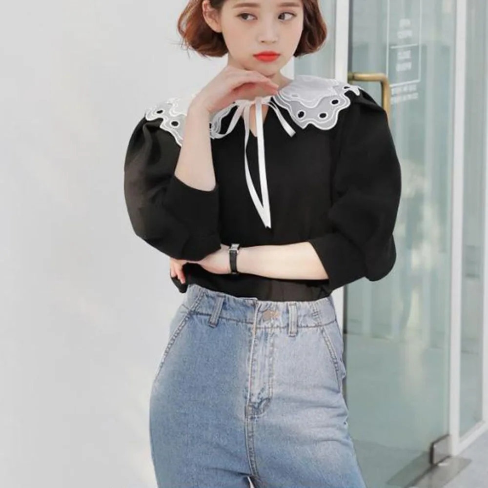 

Hollow Embroidery Shirt Fake Collar White Tie Vintage Detachable Collar False Collar Lapel Blouse Women Clothes Accessories