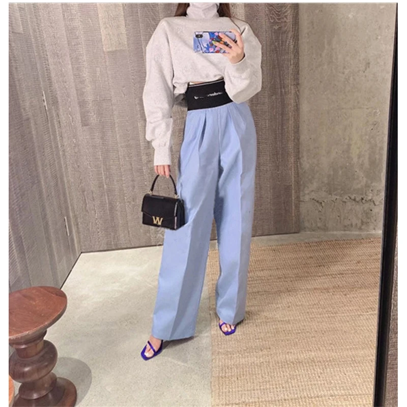 2021 summer new high-quality elastic waist thinner all-match wide-legstraight-leg pants women's loose high-waist casual trousers