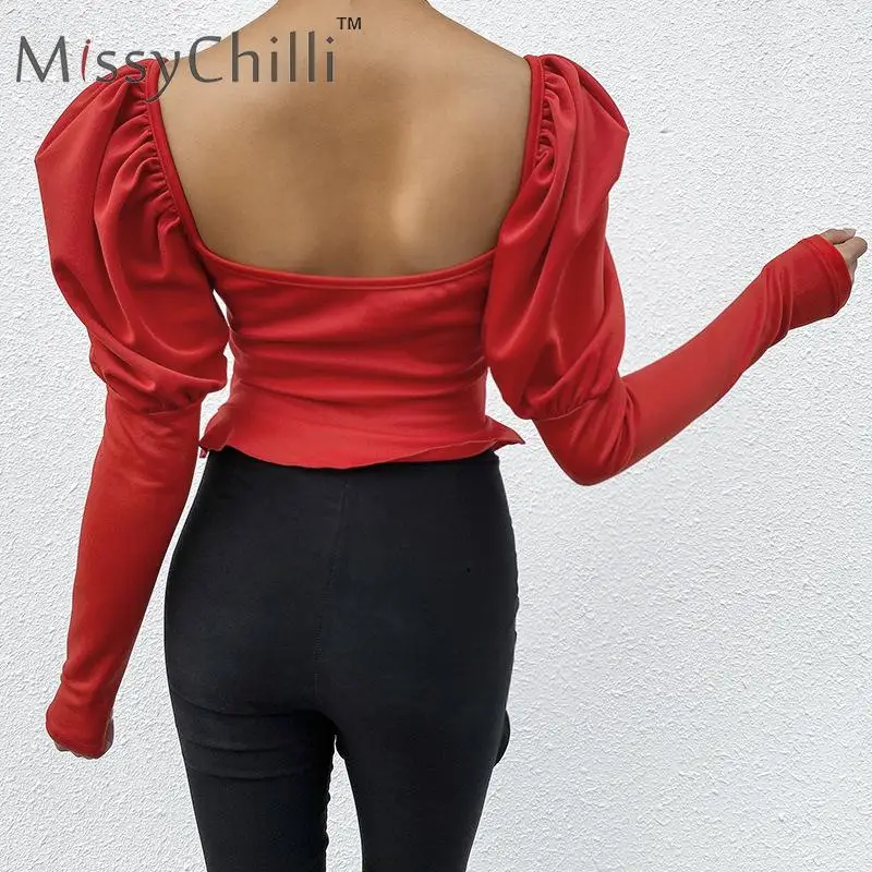 MissyChilli элегантная Красная Трикотажная Рождественская блузка с пышными рукавами