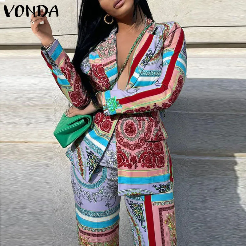 

VONDA 2022 повседневные деловые пальто с длинным рукавом для офиса, Женская Весенняя Тонкая блузка с отворотом, костюм с принтом на пуговицах, ме...