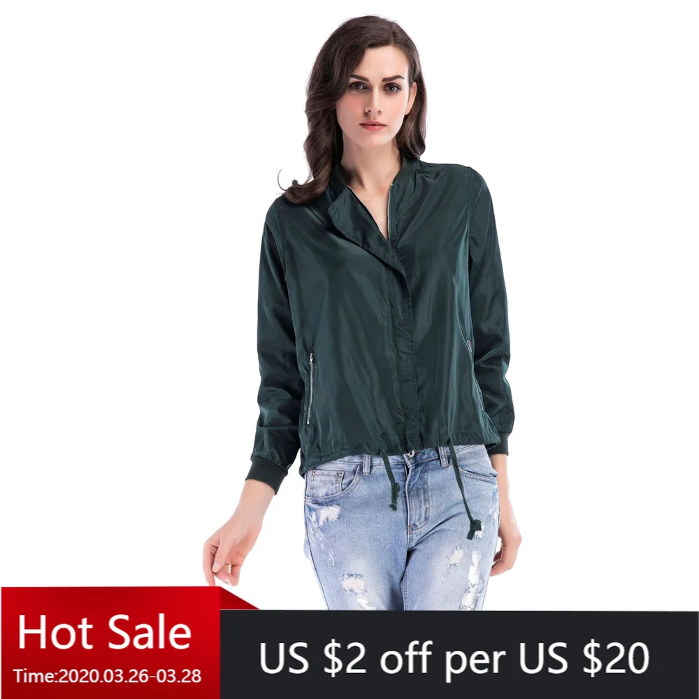 Женская Базовая куртка черная зеленая бомбер на молнии с длинным рукавом и