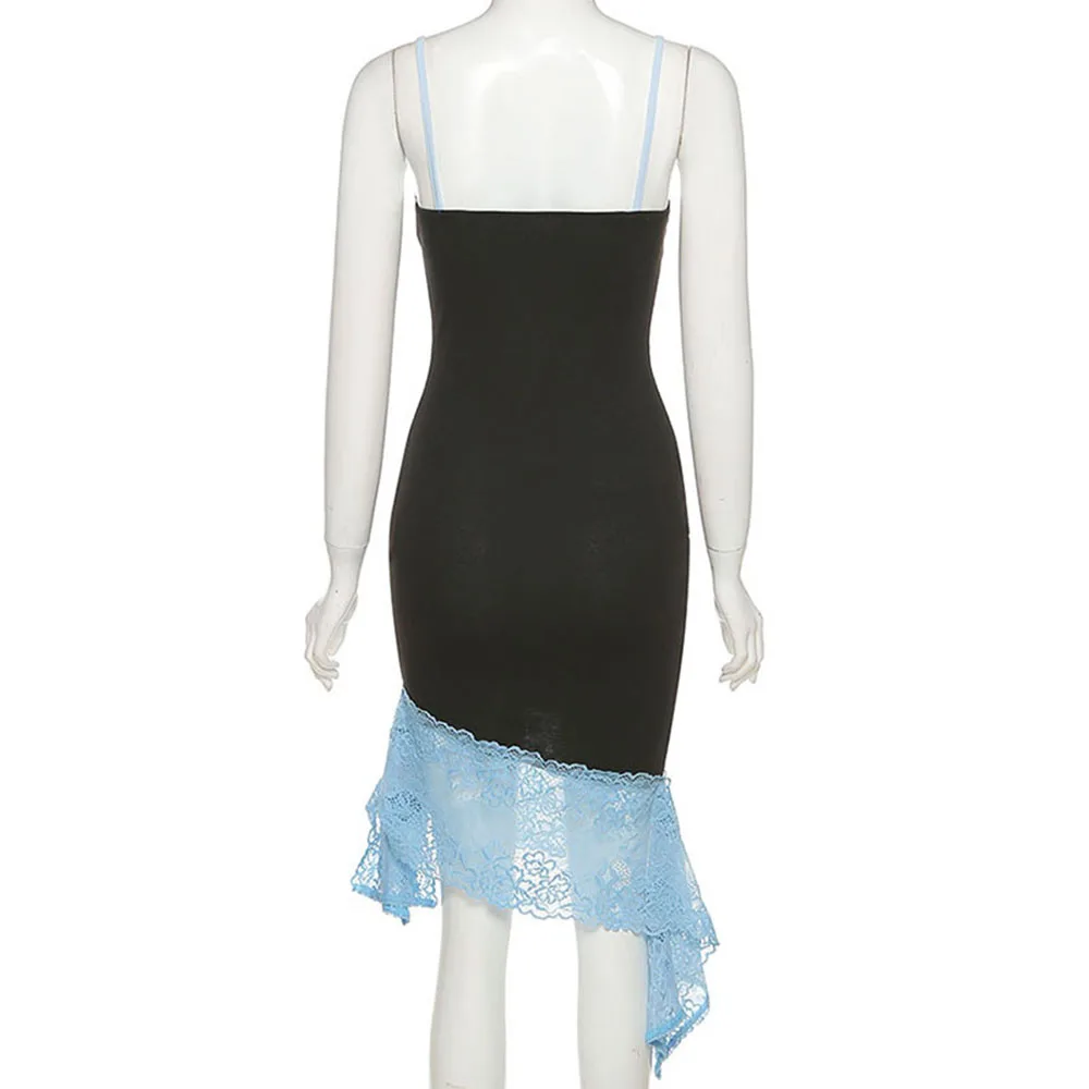 

2010 Western Style Spring Summer New Women's Dress Slim High Waist Sexy Buttocks Fashion Color Contrast Irregular V-neck Lace