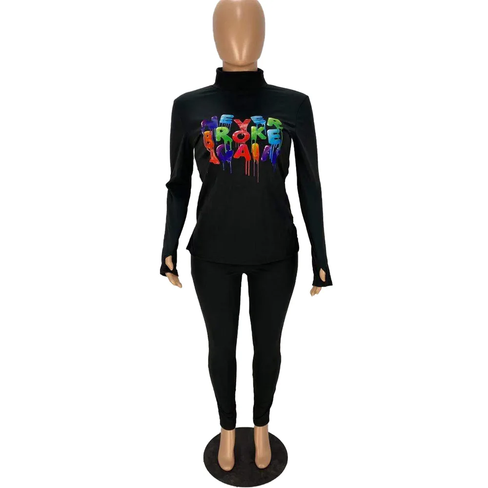 

Kalenmos Winter Women Two Piece Sets Spring Street Hip Hop Tracksuit Matching Set Long Sleeve High Collar Top Elastic Long Pants