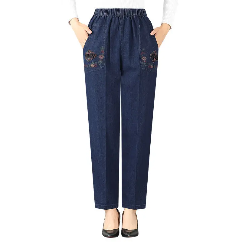 

Middle-aged Women's Jeans Spring Summer High Waist Embroidery Denim Pants Large Size Loose Female Straight Casual Trousers