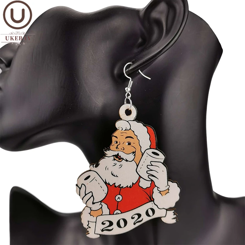 

UKEBAY New 2020 Christmas Gift Santa Claus Drop Earrings For Women Strange Design Wood Earrings Wholesale Jewelry Gift Mother