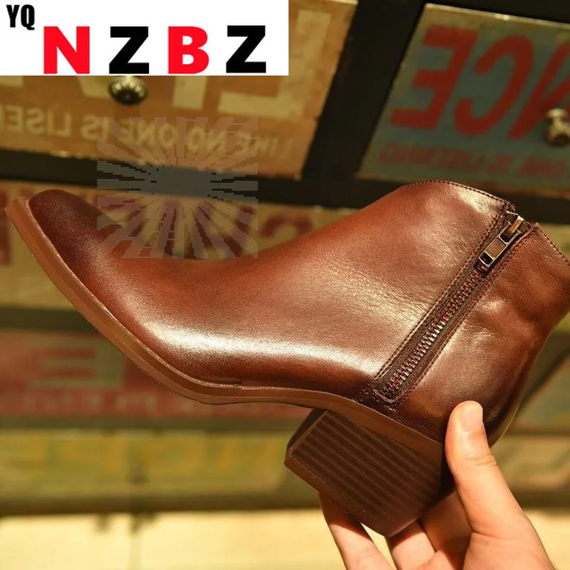 

Ankle Boots Suede Vintage Patent Leather Casual High Heels Square Rubber Strap Zipper Round Toe Shoes for Women Boots Size 35-40