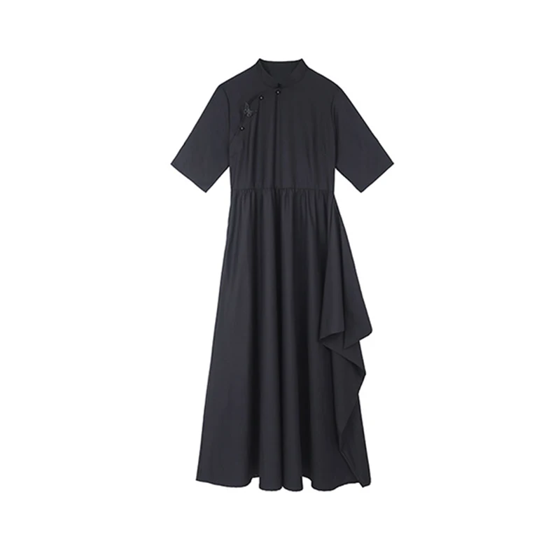 

XITAO Black Dress Fashion Pleated Small Fresh Casual Style Vintage 2021 Summer Improved Chinese Cheongsam Dress Top LDD1934