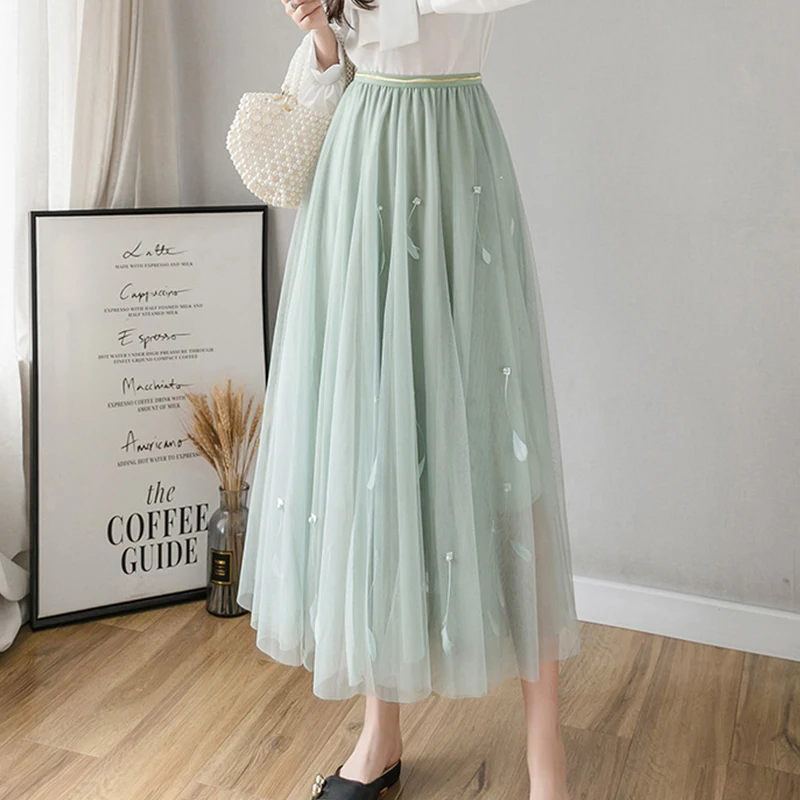 

Fashion Tulle Skirt Women 2020 Autumn Winter Korean Long Maxi Skirt Female High Waist Feather Nail Beads Pleated Skirt Pink