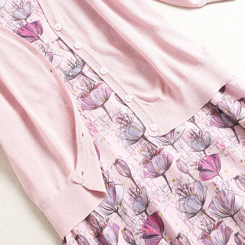 

Fashion Designers Spring Robe Elegant Women Long Sleeve Hollow Cardigans Knit Top and Floral Strap Dress 2 Piece Suits
