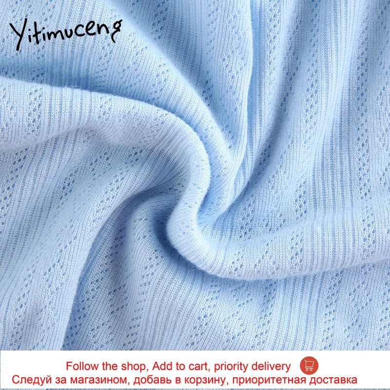 

Yitimuceng Knitwear Crop Top Tshirts Woman Sweet Blue Long Sleeve Shirt Button Open Stitch Casual Korean Fashion Tee 2021 Spring