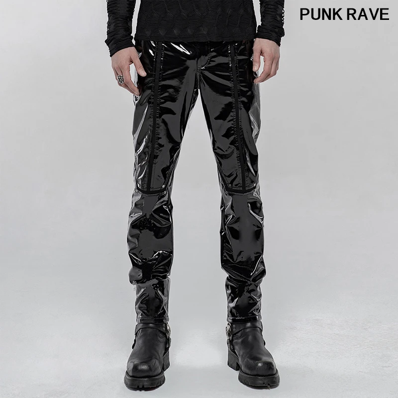 

Fashion Casual Fitted Black cool Pencil Trousers Punk Mechanical Patent Pu Leather handsome men Long Pants PUNK RAVE WK-431PCM