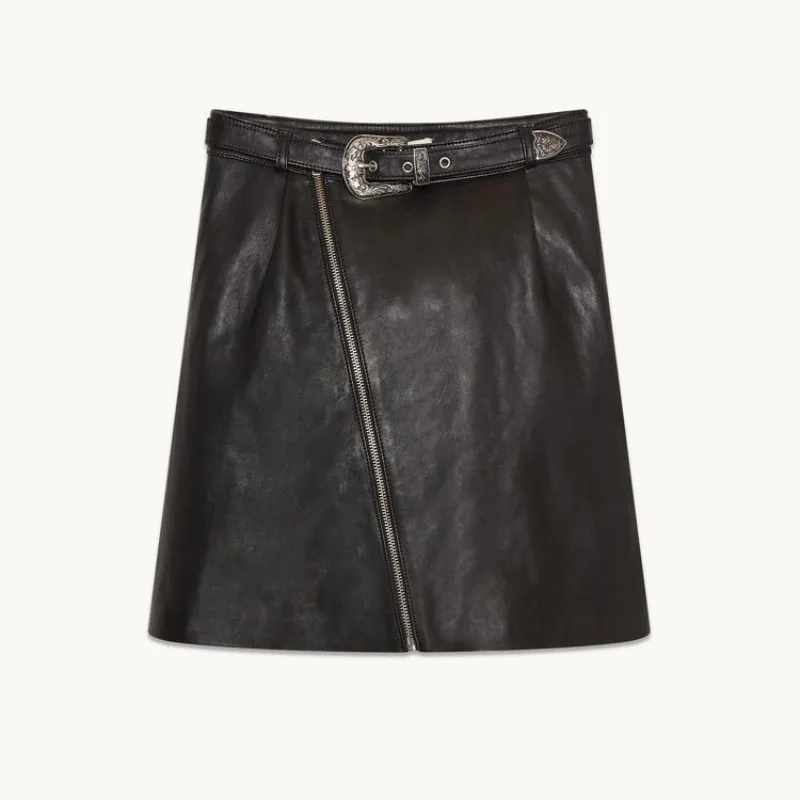 

Sexy Mini Women Length Real Sheepskin Leather Skirt Lady Loose Fit Sashes High Waist Zipper Punk Wrap Genuine Leather Skirts 4XL