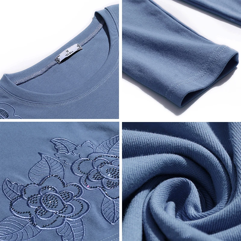 

Fashion Embroidery O-Neck Long Sleeve T-Shirt Women Plus Size Casual Spring Solid Pullover Korean Style Cotton Mom's Tops