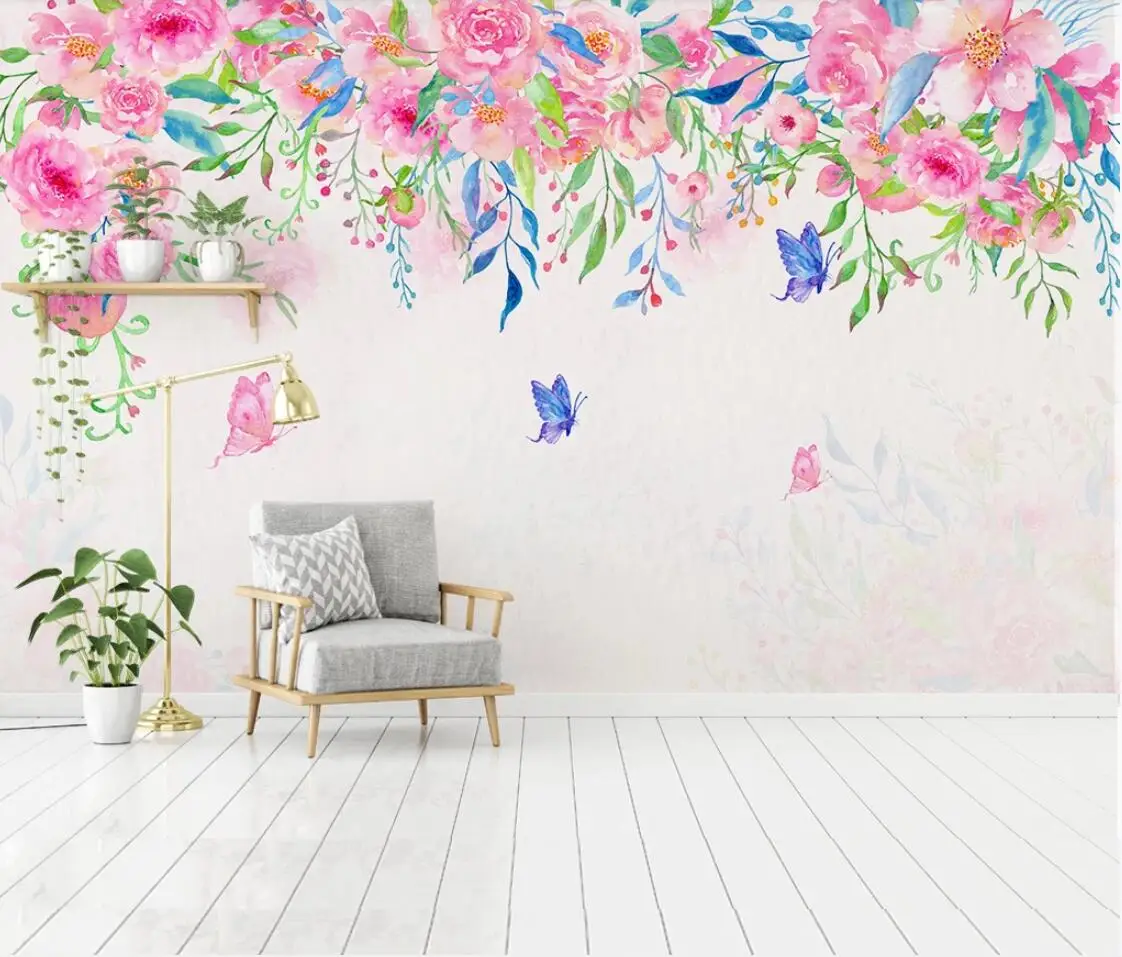 Watercolor Pink Flower Wallpaper Nordic Butterfly Wall Mural HD Printed Wallpapers for Bedroom Canvas Decor Papel De Parede |