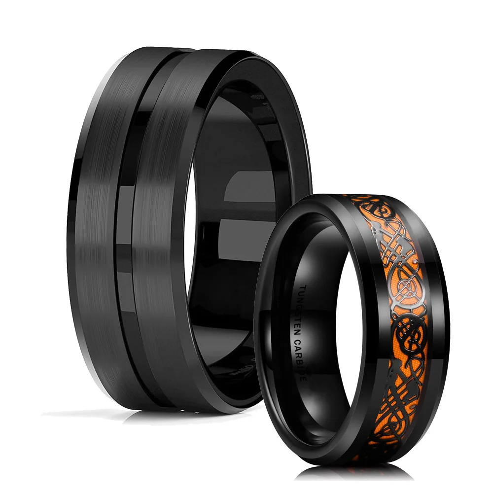 

2021 Trendy 8mm Black Groove Beveled Edge Black Tungsten Wedding Ring For Men Black Celtic Dragon Inlay Orange Carbon Fiber Ring