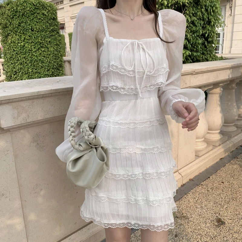 

Dresses for Women Aesthetic Clothes Korean Fashion Clothing Cascading Ruffle Butterfly Sleeve Chiffon Sweet Style White Dress