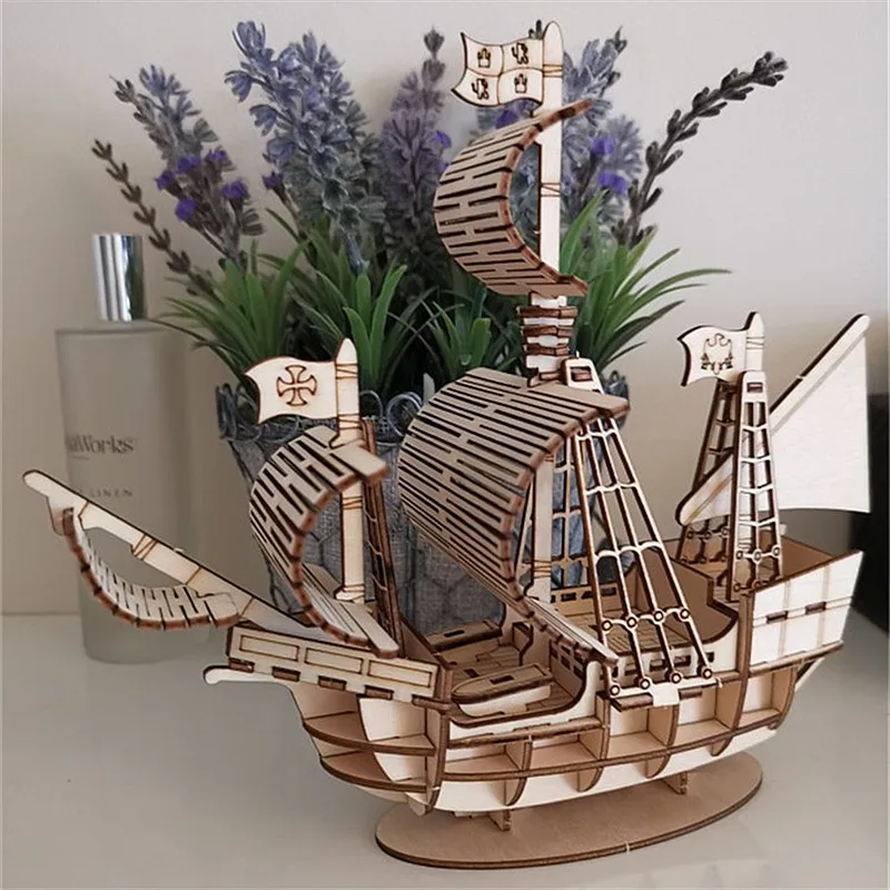 

3D Wooden Puzzle Model Building Kits DIY Handmade Mechanical Montessori Toys Jigsaw Puzzle Assembly Model Boat Airplane Model