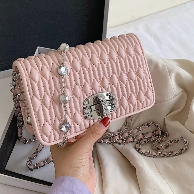 

Women Handbag 2021 New Fashion Folds Crossbody Messenger Bag Small Fragrant Rhombus Fold Rhinestone Chain Bag Shoulder Bag Sac