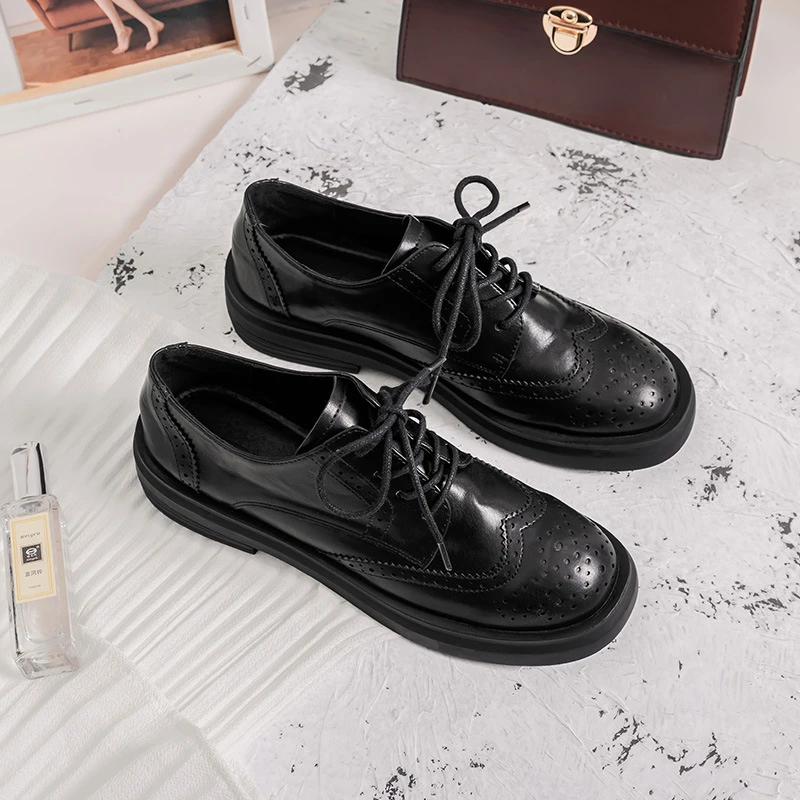 

Women Leather Flats oxford Shoes Sneakers lady brogues Vintage College British Casual shoes for Women 2020 black