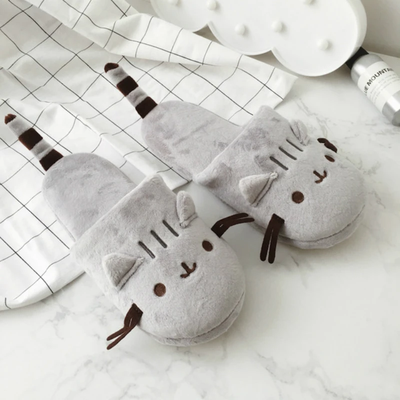 Тапочки женские домашние плюшевые теплые с милым котом для путешествий самолет
