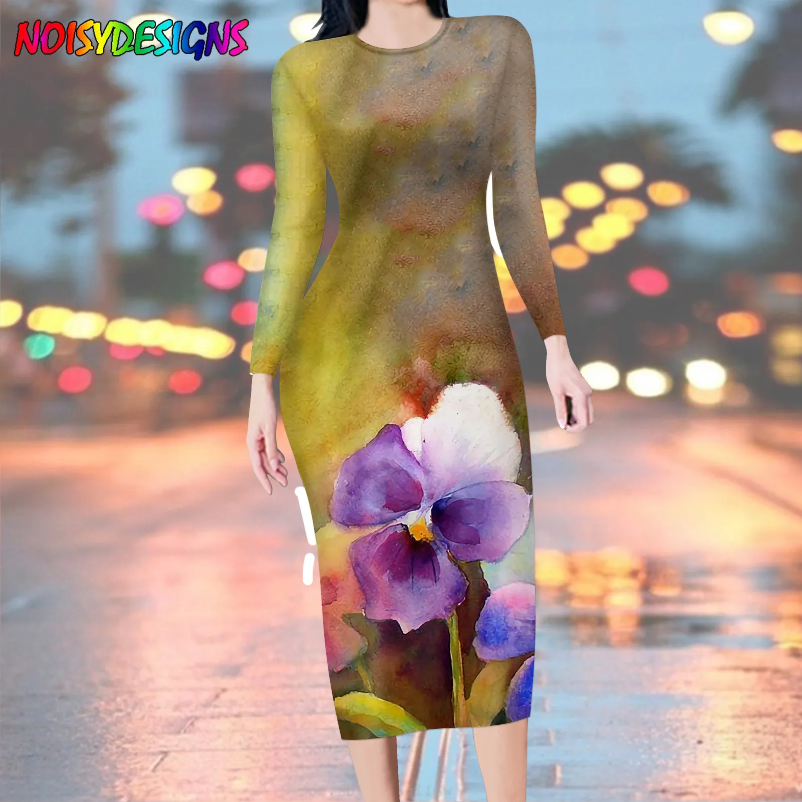 NOISYDESIGNS Women Bodycon Dress Streetwear Pansy Flowers Design O-Neck Long Sleeve Dress Elegant Lady Spring Slim Hips Dresses