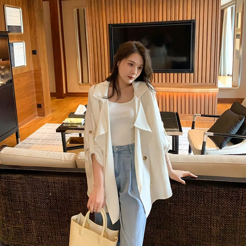 

Spring Women's Trench Coat Casual Long Sleeve Vintage Slim Loose White Lady Elegant Woman Clothing Trench Coats Outwear