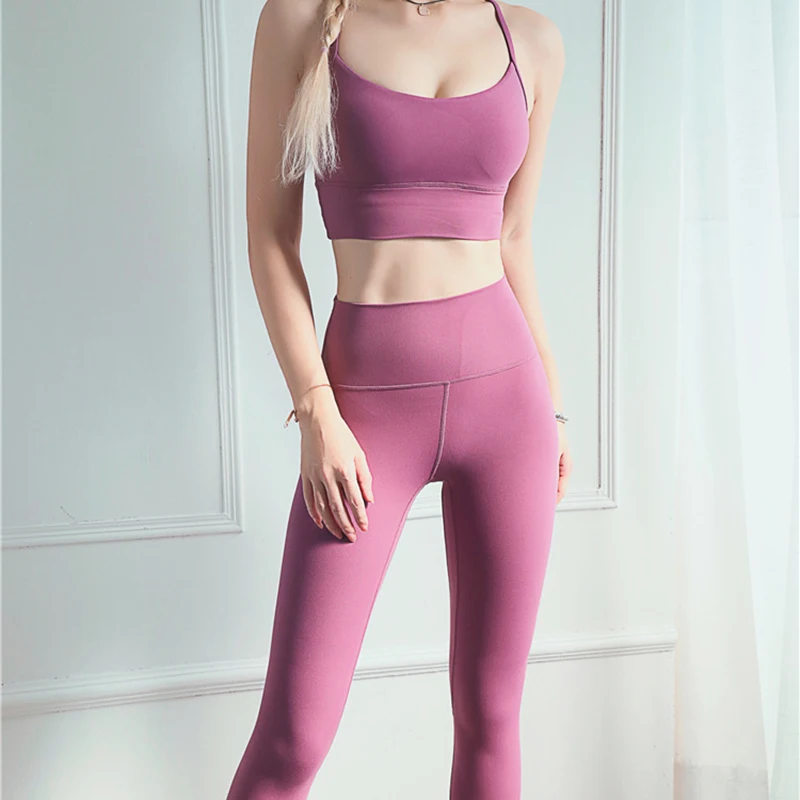 

Fashion Women Sport Suit Naked Feel 2PC Sexy Y Back Yoga Bra With Butt Lifting Cropped Leggings Athletic Set Conjunto Deportivo