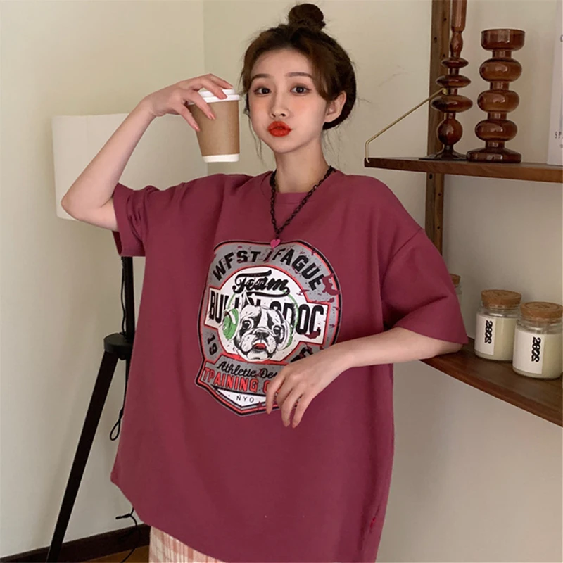 

Женская Ретро футболка с коротким рукавом в американском стиле, модель 2021 года, свободная модная футболка в Корейском стиле, в стиле Ins, в сти...